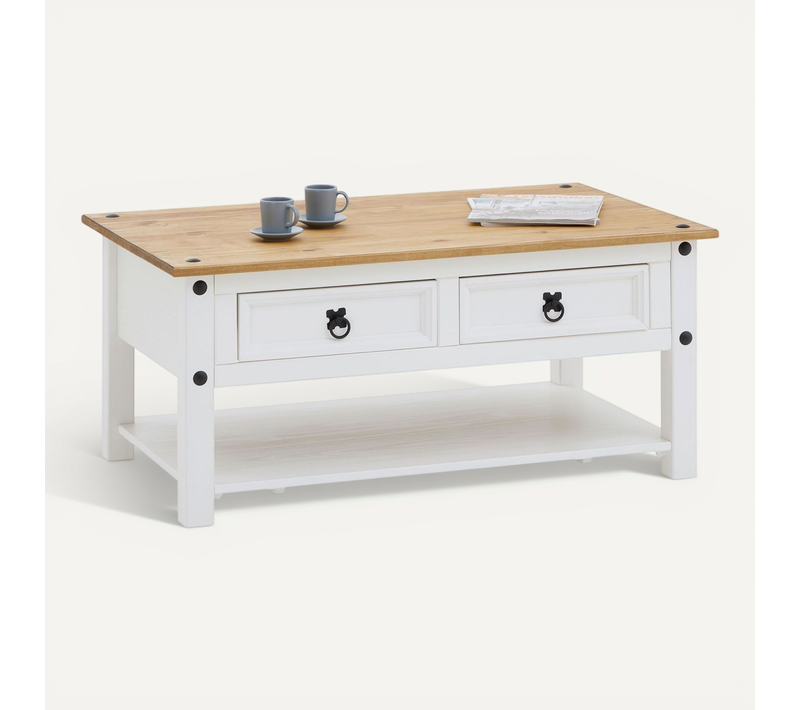 Table Basse Campo En Bois Massif Avec 2 Tiroirs - Blanc Et Brun