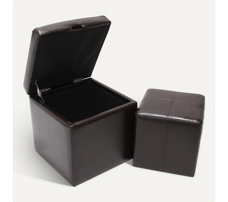 Lot De 2 Tabourets Onex, Pouf + Cube-coffre, Cuir, Marron