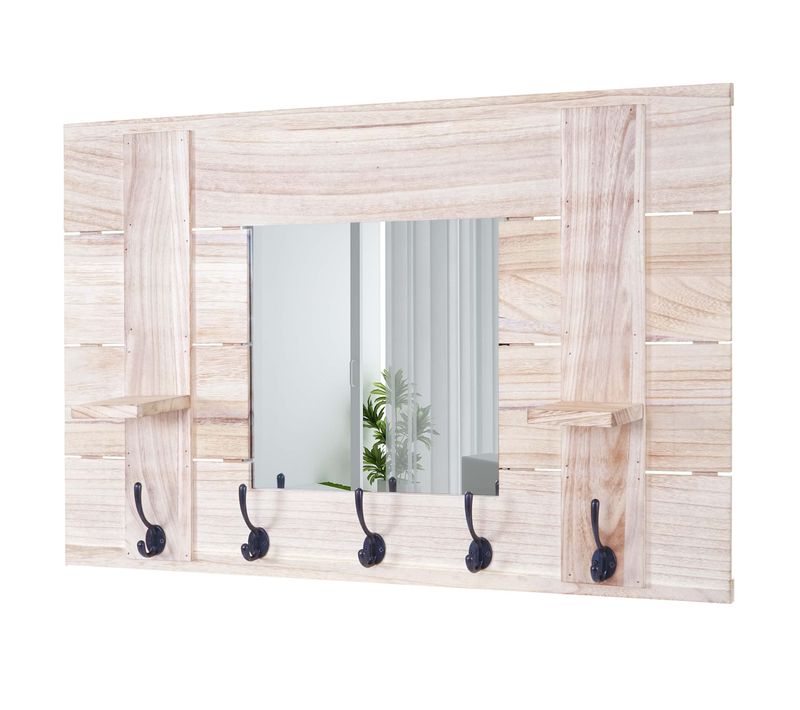 Patère Murale Hwc-c89 Avec Miroir Vintage 5 Crochets 90x60cm Brun Naturel
