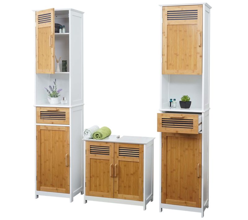 Meubles De Salle De Bain Hwc-a85, 2x Armoire Haute, Meuble Sous Évier, Bambou, Blanc