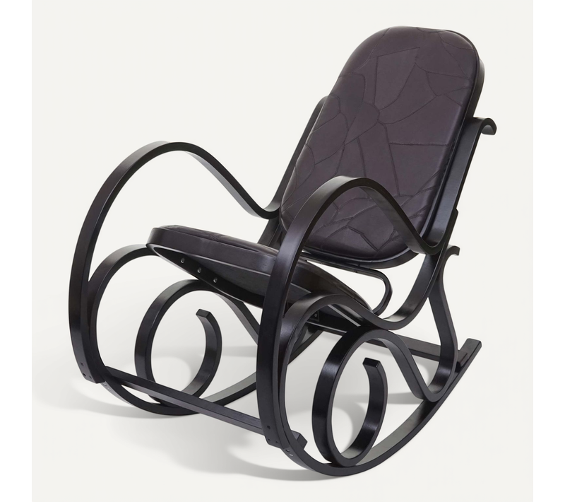 Fauteuil À Bascule M41 Bois Massif Aspect Noyer Patchwork Cuir Marron