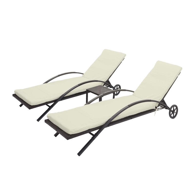 2x Chaises Longues Hwc-e27 En Polyrotin ~ Brun, Coussins Crème-beige