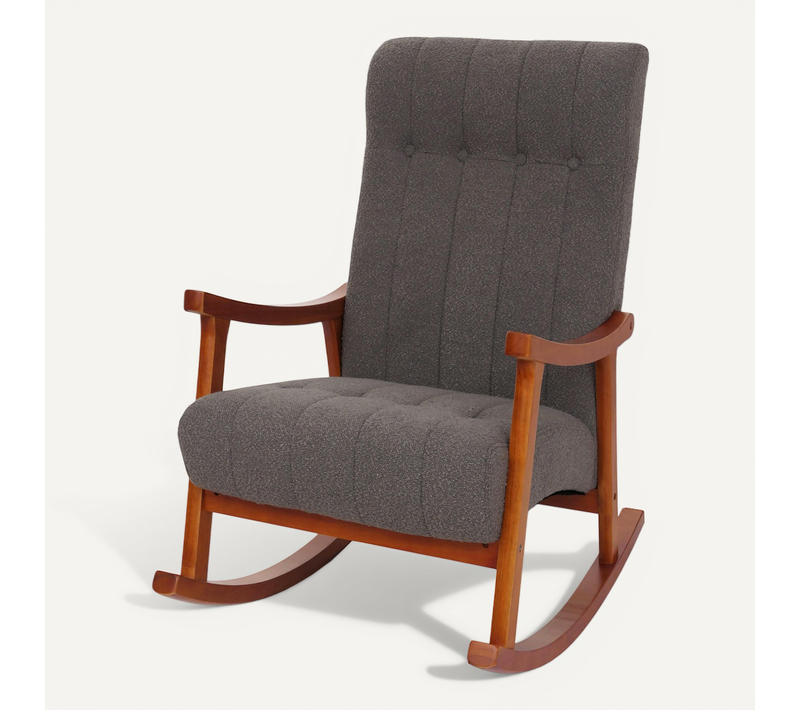 Fauteuil à Bascule Hwc-k10 Bouclé (450g/m²) Gris Foncé, Piètement Aspect Noyer