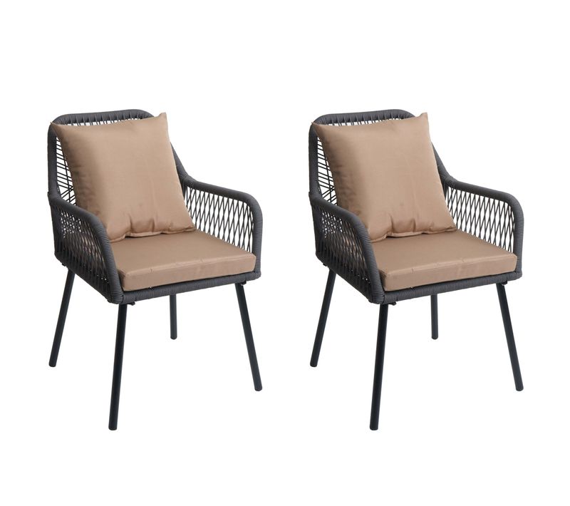 Lot De 2 Chaises De Jardin Hwc-o12 Aluminium Anthracite, Corde Tressée Taupe
