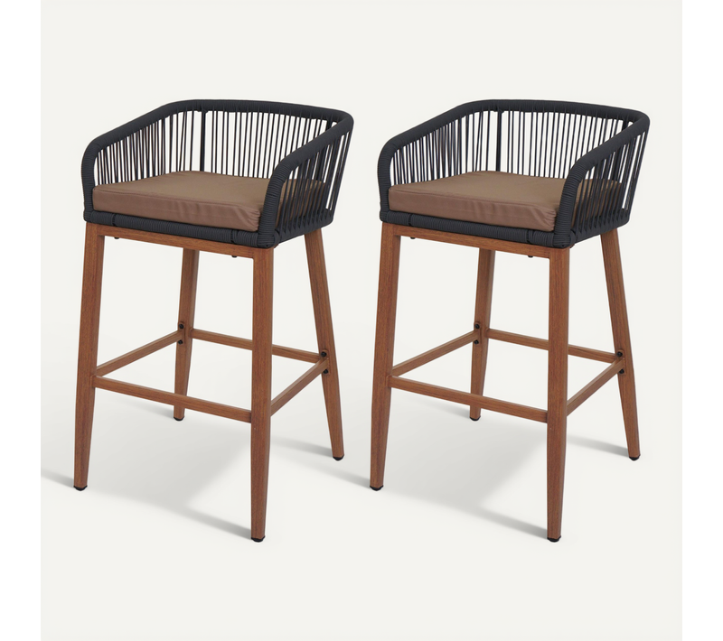 Lot De 2 Tabourets De Bar Rope Hwc-o22 Anthracite, Coussin Taupe