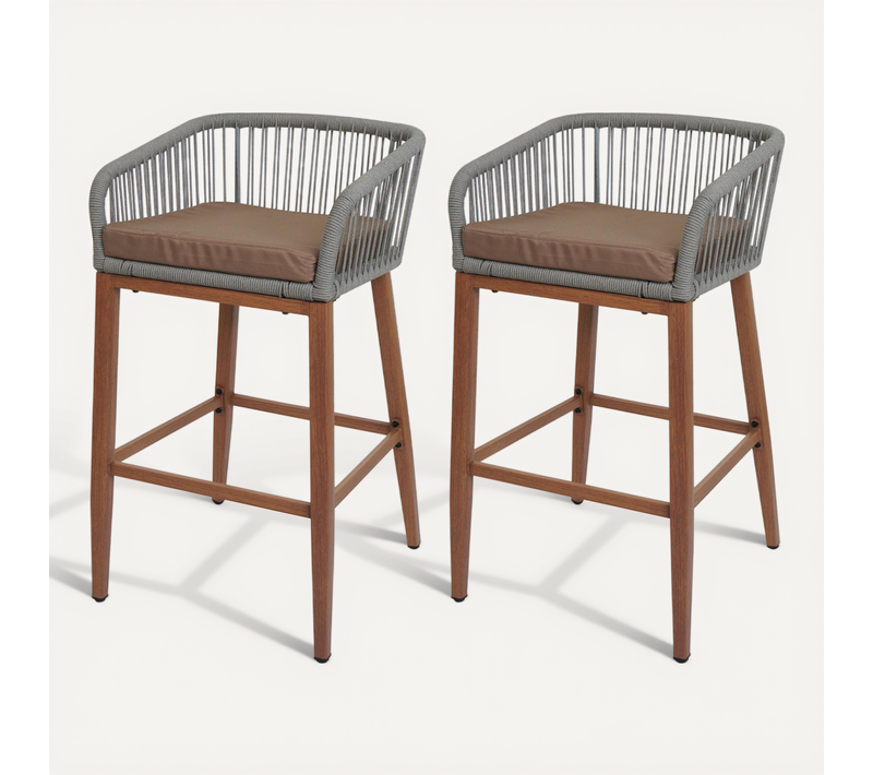 Lot De 2 Tabourets De Bar Rope Hwc-o22 Gris Clair, Coussin Taupe