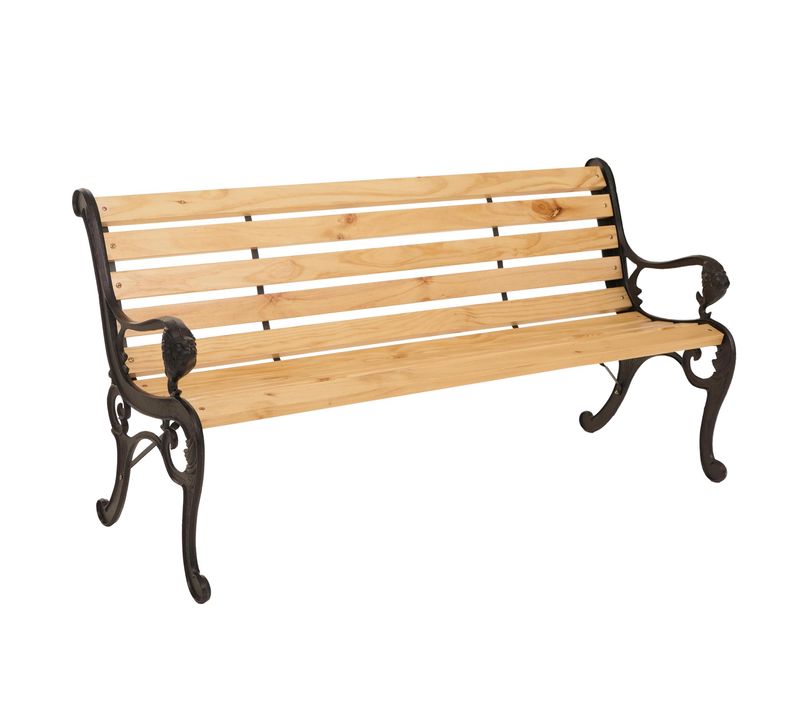 Banc De Jardin Hwc-o25, Banc 3 Places En Bois Et Fonte, 164 Cm ~ Naturel