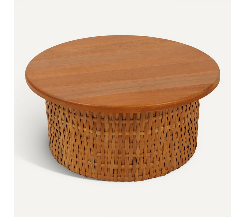 Table Basse Hwc-p15 En Bois D'acajou Et Rotin, Ronde, D. 75 Cm