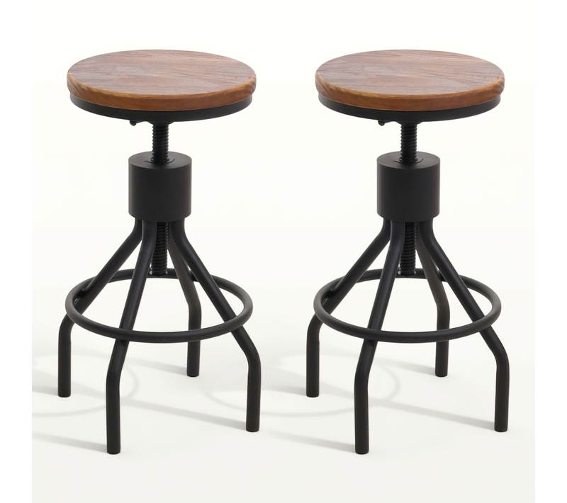 Lot De 2 Tabourets De Bar Hwc-n17 Industriel Métal Massif Bois Brun