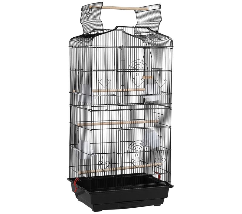 Cage à Oiseaux Décorative En Métal Avec Toit Ouvrable, Balançoire Et Plateau Coulissant, Noir