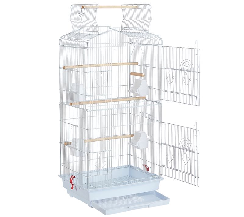 Cage à Oiseaux Décorative En Métal Avec Toit Ouvrable, Balançoire Et Plateau Coulissant, Blanc