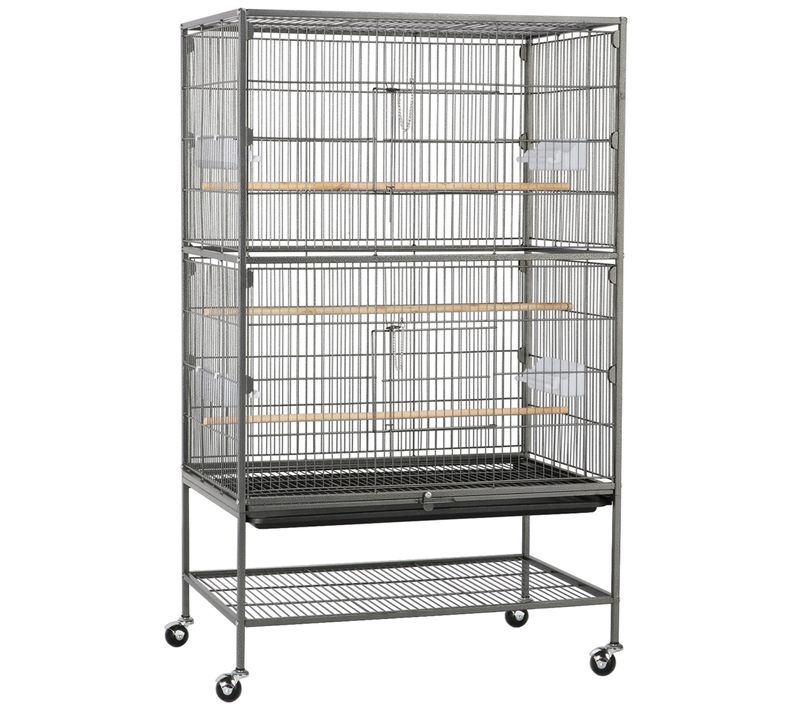 Grande Cage à Oiseaux Sur Pied Avec Support Roulant, Étagère De Rangement, Fond Amovible, Noir