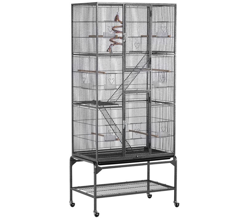Cage à Oiseaux En Métal Hauteur De 175 Cm Avec Toit Volière Avec Accessoires Et Roulettes, Noir
