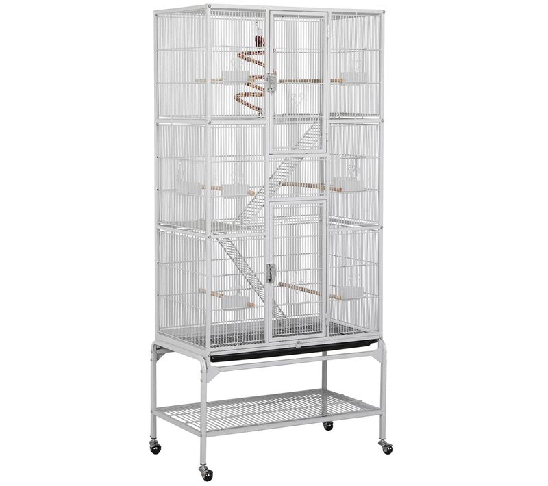 Cage à Oiseaux En Métal Hauteur De 175 Cm Avec Toit Volière Avec Accessoires Et Roulettes, Blanc
