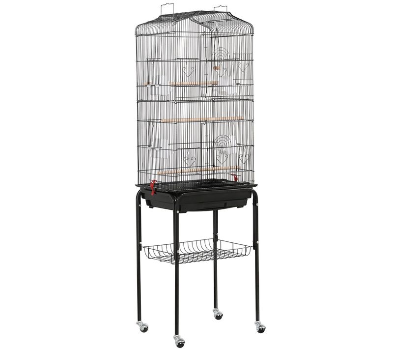 Cage à Oiseaux Sur Pied En Métal Avec Toit Ouvert, Plateau Coulissant Et 4 Mangeoires, Noir