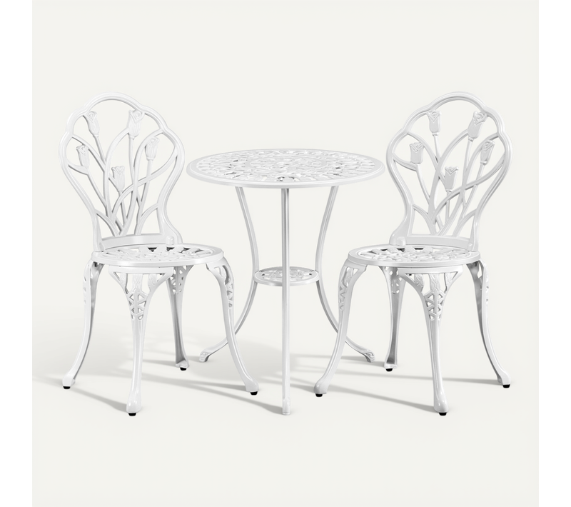 Ensemble Table Et 2 Chaises De Jardin En Aluminium Avec Trou Pour Parasol, Blanc