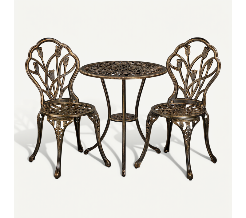 Ensemble Table Et 2 Chaises De Jardin En Aluminium Avec Trou Pour Parasol, Bronze