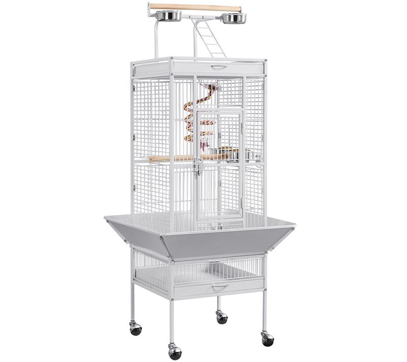 Cage à Oiseaux Sur Pied En Métal Avec Toit Perchoir Cage Pour Perruches à Roulettes, Blanc