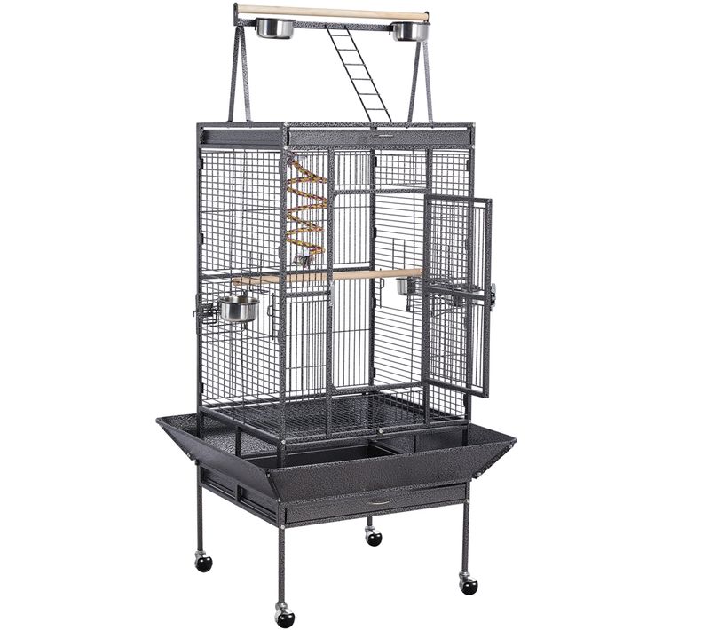 Cage à Oiseaux En Métal Avec Roulettes, Mangeoires, Perchoirs Et Corde Élastique, Noir