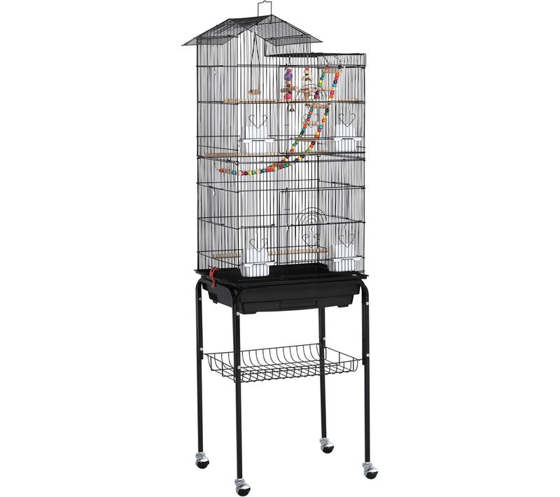 Cage à Oiseaux En Métal Avec Support Détachable à Roulette Et Plateau Coulissant, Noir