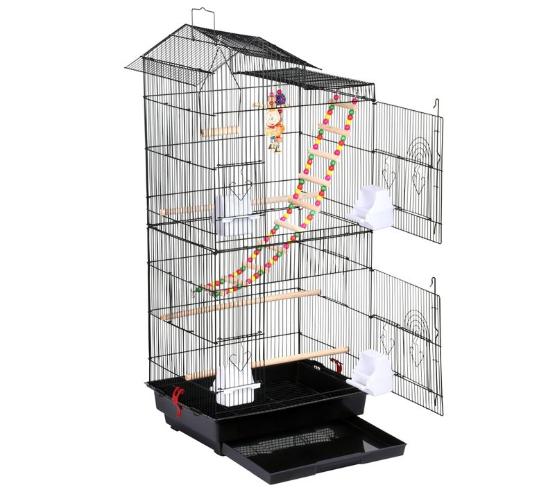 Cage à Oiseaux En Métal Avec Perchoirs, Plateau Coulissant, 2 Grandes Portes, 4 Mangeoires, Noir