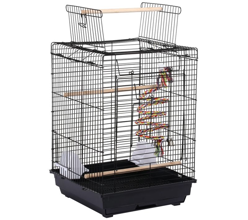 Cage à Oiseaux En Métal Avec Jouet, Corde à Clochette, Perchoirs, Mangeoirs Et Toit Ouvert, Noir
