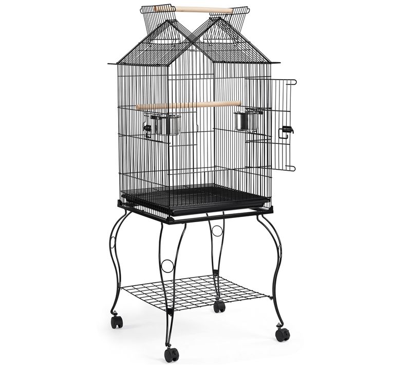 Cage à Perroquet En Métal à Toit Ouvert Avec Roulettes, Perchoirs Et Plateau Coulissant, Noir