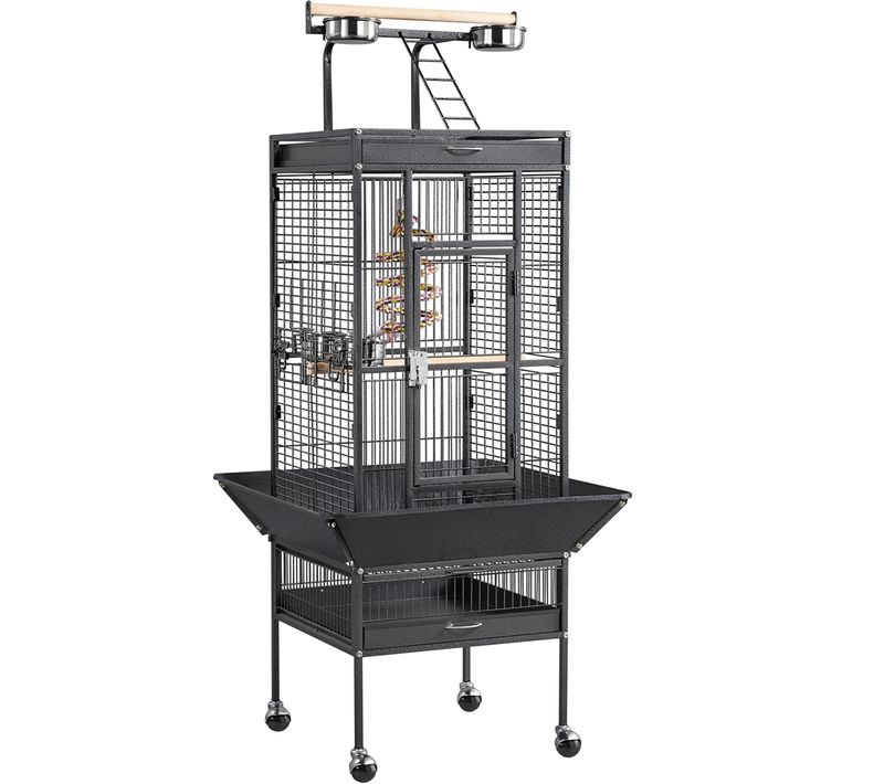 Cage à Oiseaux Sur Pied En Métal Avec Toit Perchoir Cage Pour Perruches à Roulettes, Noir