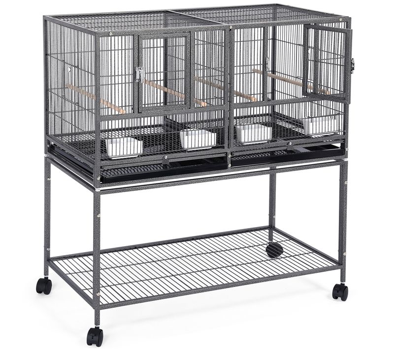 Cage à Oiseaux Sur Roulettes Avec Séparation, Étagère De Rangement Et Verrou Sécuritaire, Noir