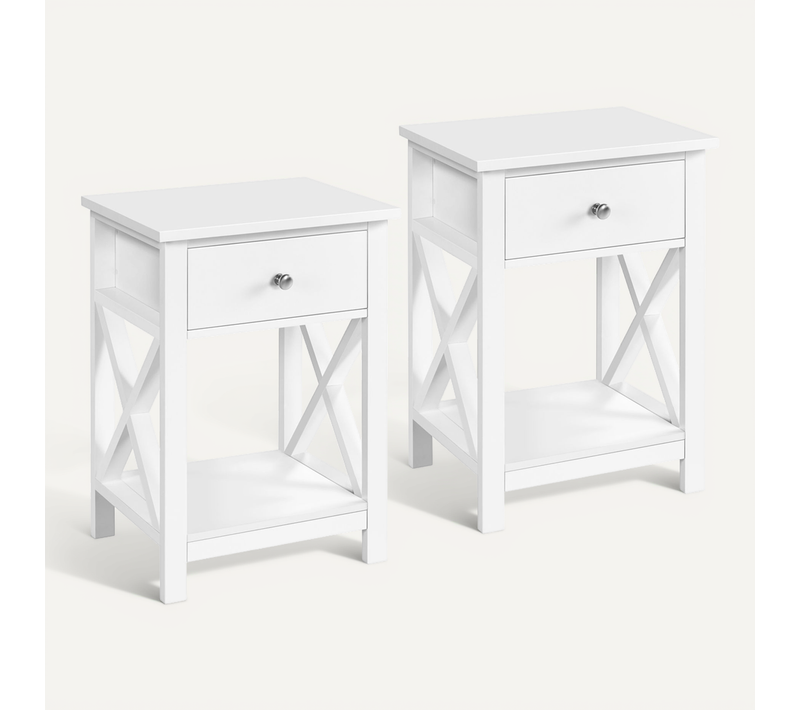 Lot De 2 Table De Chevet Avec Tiroir Côtés En X Avec Étagère De Rangement, Blanc