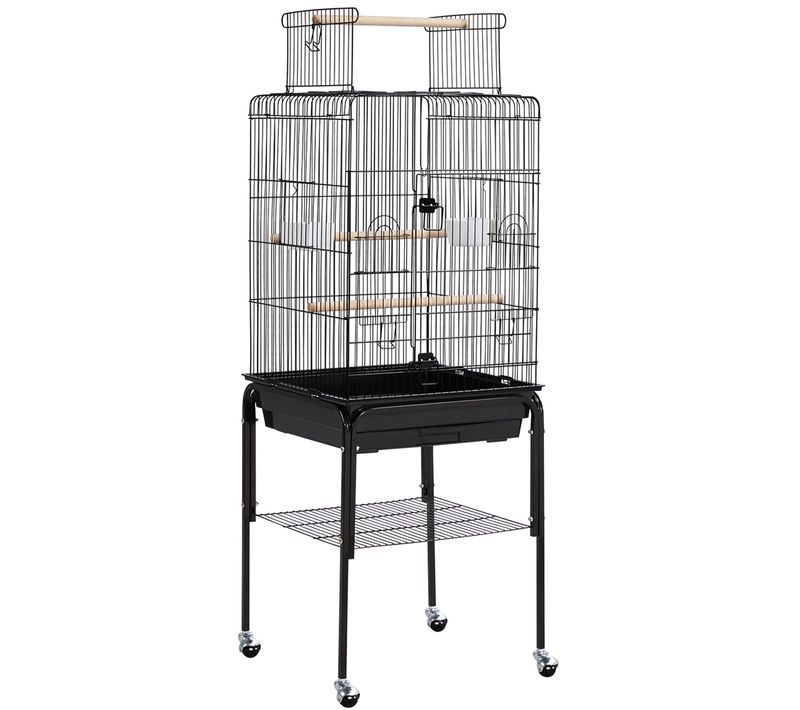 Cage à Perruches En Métal Avec Support Roulant, Étagère De Rangement Et Toit Ouvrable, Noir