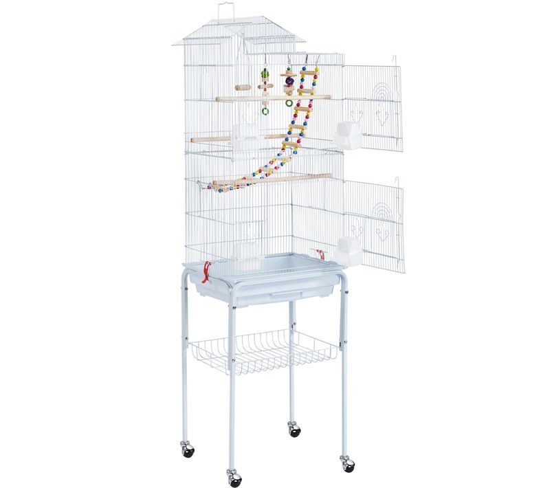 Cage à Oiseaux En Métal Avec Support Détachable à Roulettes Et Plateau Coulissant, Blanc