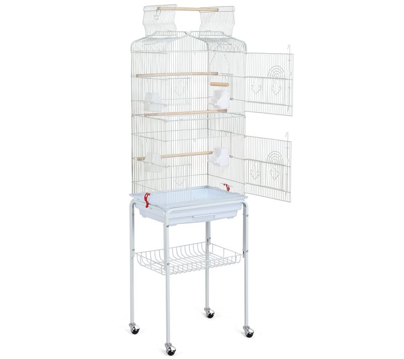 Cage à Oiseaux En Métal à Toit Ouvert Avec Portes Doubles Et Support Roulant Amovible, Blanc