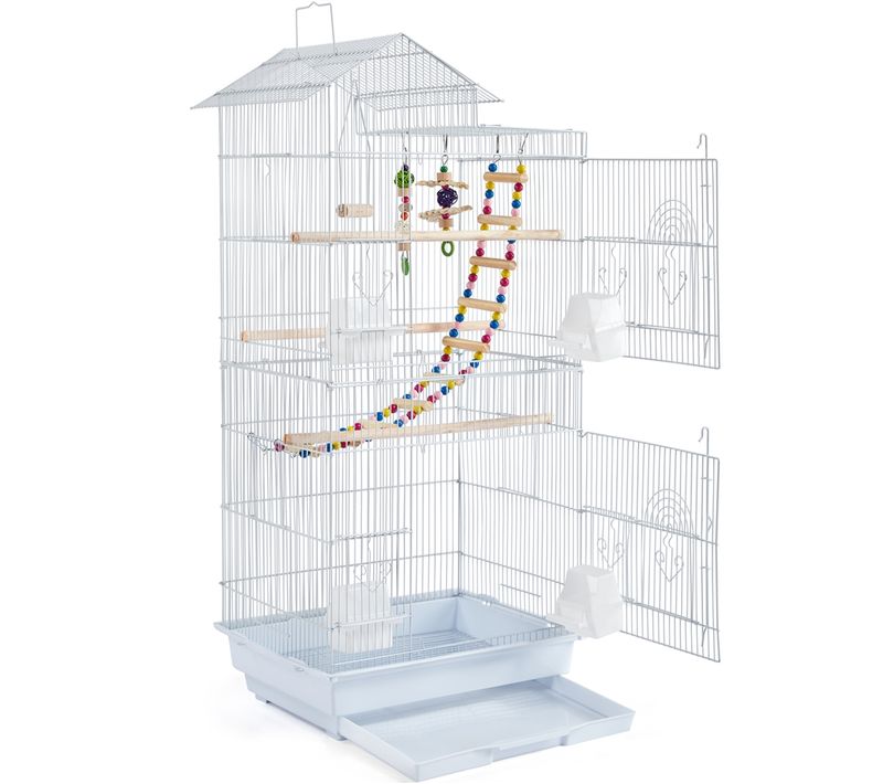 Cage à Oiseaux En Métal Avec Perchoirs, Plateau Coulissant, 2 Grandes Portes, Mangeoires, Blanc