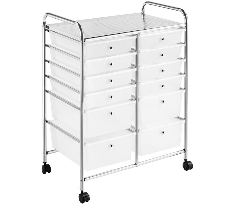 Chariot De Rangement Avec 12 Tiroirs Plastisque, Cadre Métallique Et Roues Pivotantes, Blanc