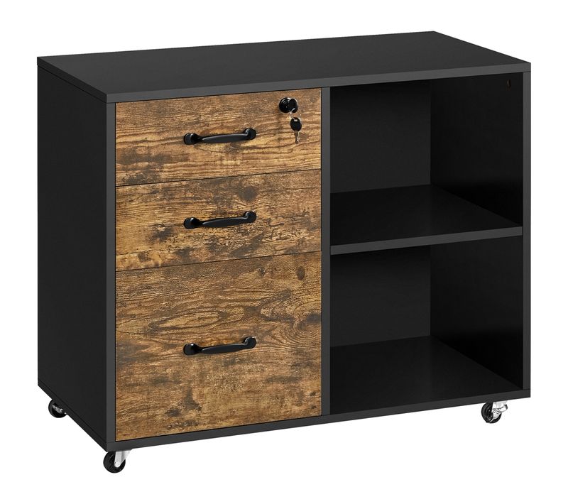 Caisson De Bureau Avec 3 Tiroirs Et 2 Compartiments Ouverts Caisson, Noir Et Marron Rustique