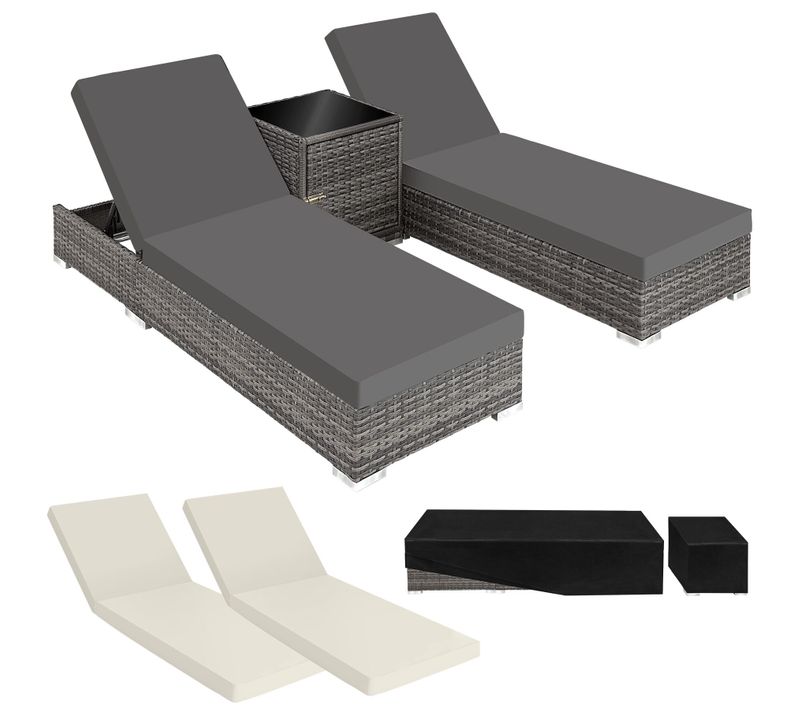 Lot De 2 Bains De Soleil Résine Tressée Aluminium Table Rangement Gris