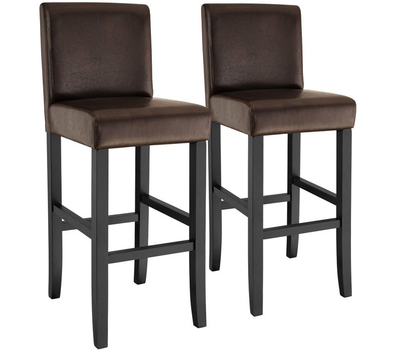Lot De 2 Tabourets De Bar Bois Simili Cuir Avec Dossier Marron
