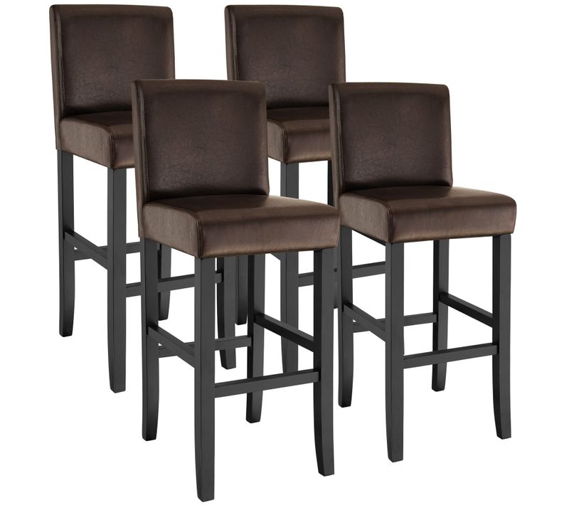 Lot De 4 Tabouret De Bar Bois Simili Cuir Avec Dossier Marron