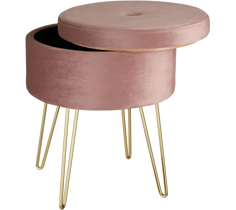Banc Tabouret Coffre De Rangement Rond Aspect Velours Rose