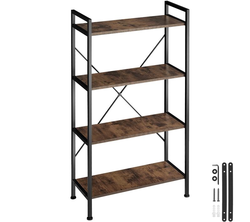 Étagère Bibliothèque Style Industriel Anti-basculement Bois Foncé