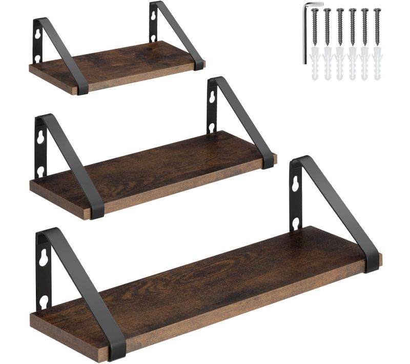 Lot De 3 Étagères Murales Design Style Industriel Bois Foncé