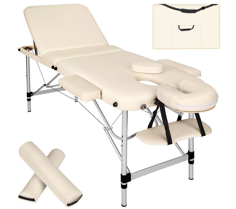 1 Table De Massage Portable Pliante À 3 Zones En Aluminium, Cuir Synthétique Beige