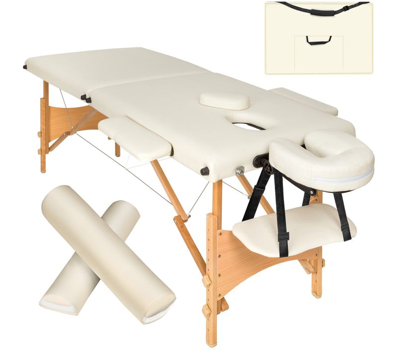 1 Table De Massage Portable Pliante 2 Zones Freddi En Bois, Cuir Synthétique Beige