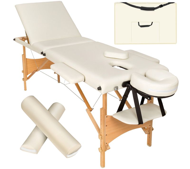1 Table De Massage Portable Pliante À 3 Zones Daniel En Bois, Cuir Synthétique Beige