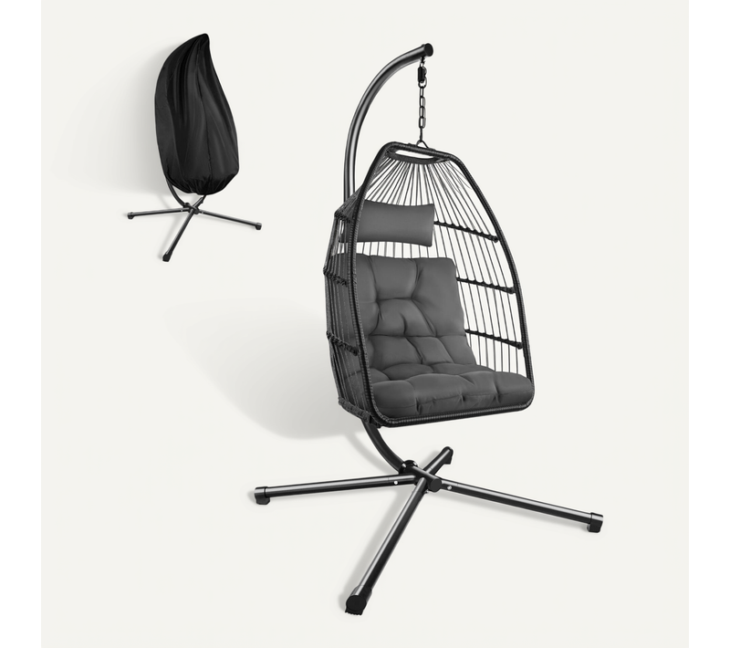 Fauteuil Suspendu Gris Foncé Acier Pliable Pivotant Avec Structure Et Coussin Extra épais 160kg 98x1