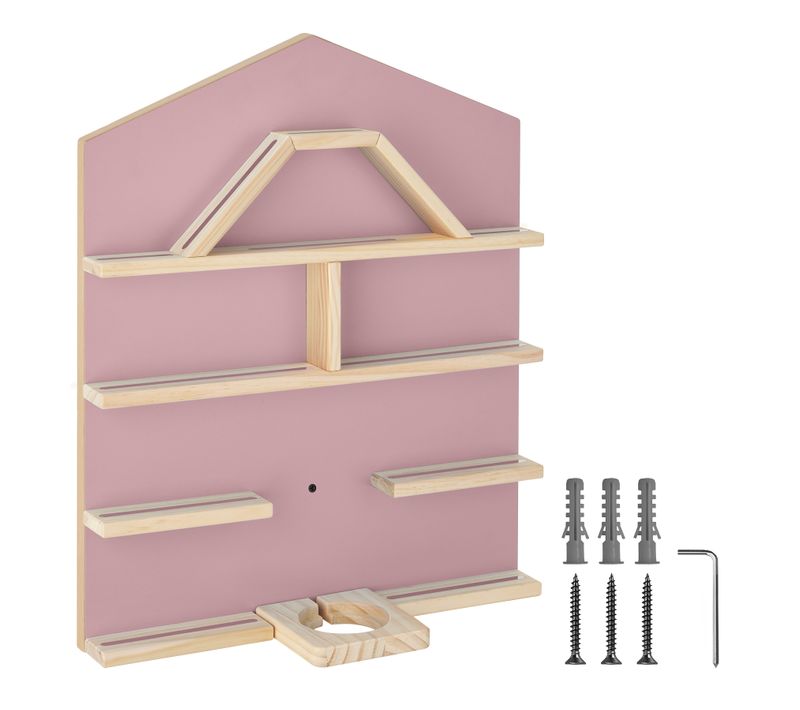 étagère Murale Forme Maison Bois Massif Mdf Rose 50x15,5x60cm 12 Tablettes Magnétiques Socle Inclus