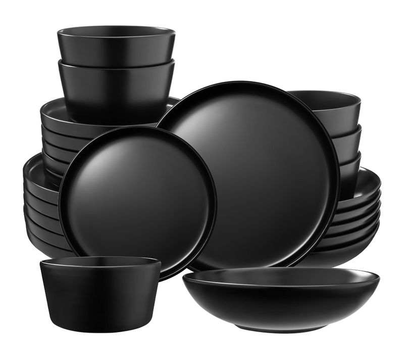 24 Pièces Service De Table En Grès Pour 6 Personnes Noir