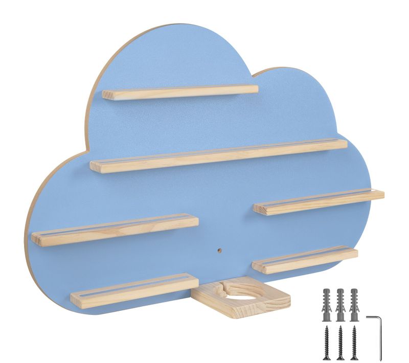 étagère Murale Décorative Nuage Bois Massif Bleu 76x15,5x50cm 6 Tablettes Fixation Magnétique