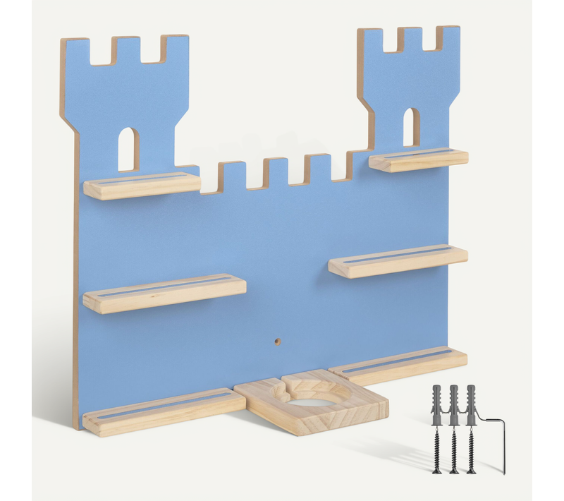 étagère Murale Château Fort Bleu Rangement 16 Tonies Bois Massif Métal Mdf 56x15,5x43cm